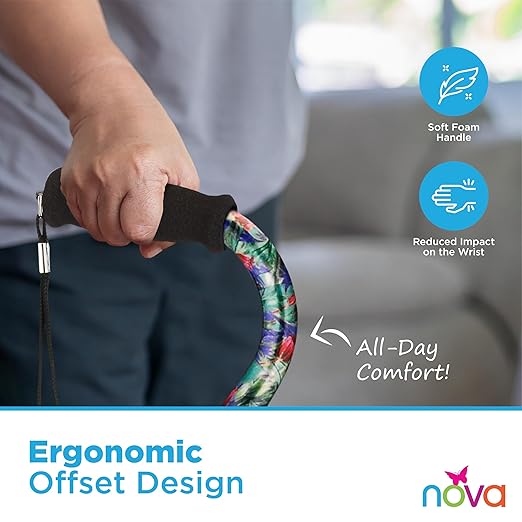 Nova Joy Designer Offset Quad Cane for Seniors - Unisex Adjustable Lightweight Walking Aid with Foam Handle, Wrist Strap and Anti-Rattle Lock - Essential Mobility Support - Canterbury