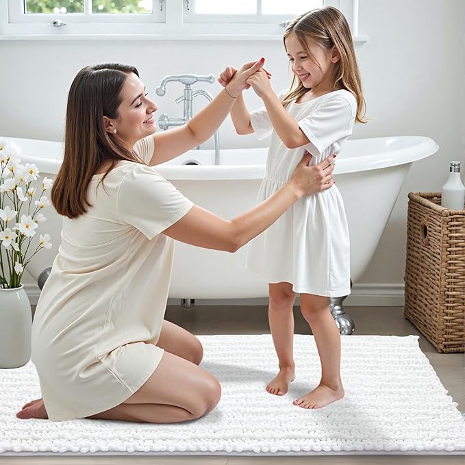 Small Bathroom Rug Non Slip Washable White Bath Mat 17x24 Super Absorbent Soft Bathroom Floor Mat Chenille Bath Rug for Shower Tub