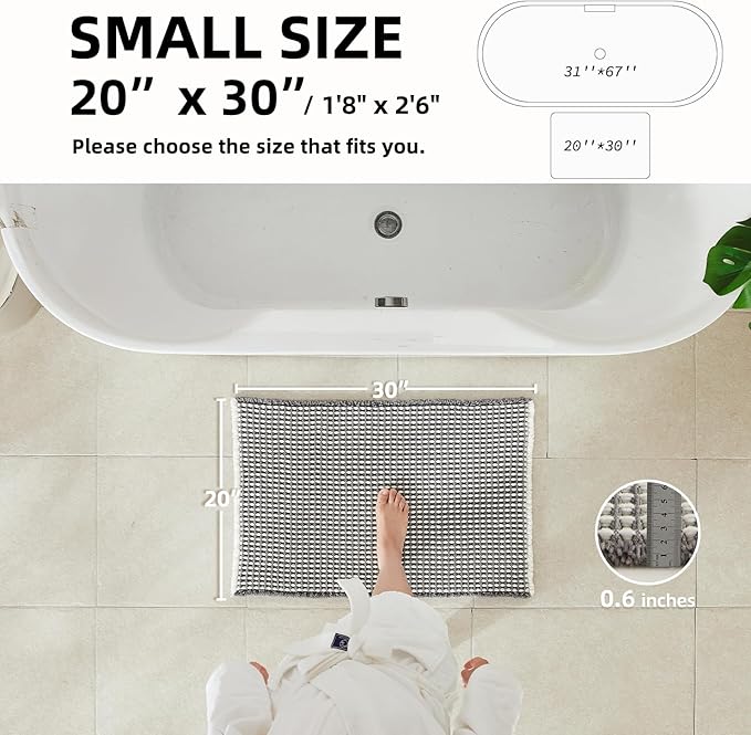 Waffle Bath Mat, Boho Bathroom Rugs Non Slip Washable Super Absorbent Quick Dry Bath Mat Farmhouse Bathroom Decor, 30"x20" Grey and White