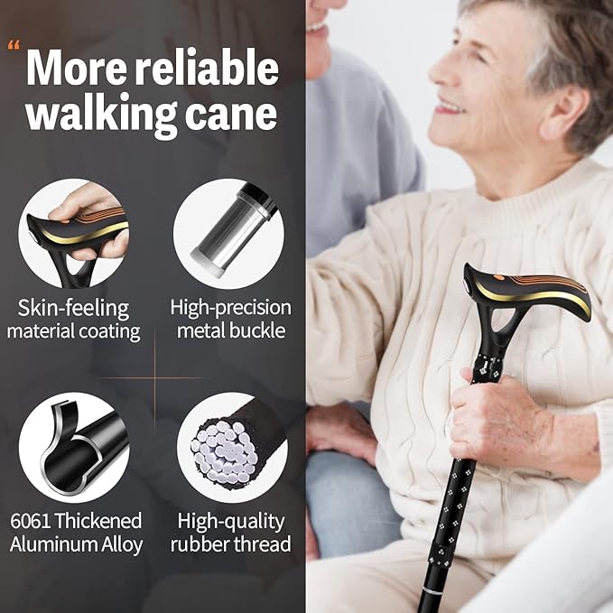Folding Cane, Smart Alarm Foldable Cane with Light, Fashion Walking Cane for Women&Men, Adjustable Canes for Seniors, USB Direct Charging, Lightweight and Portable