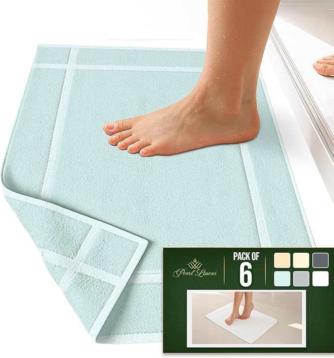 Pearl Linens Pack of 6 100% Cotton Bath Mat 18x25 inches, Soft & Absorbent Quick Dry Bathroom Mat Set, Not Bathroom Rugs, After Shower Mat, Bath Tub Mat, 687 GSM, Machine Washable, Mint Green