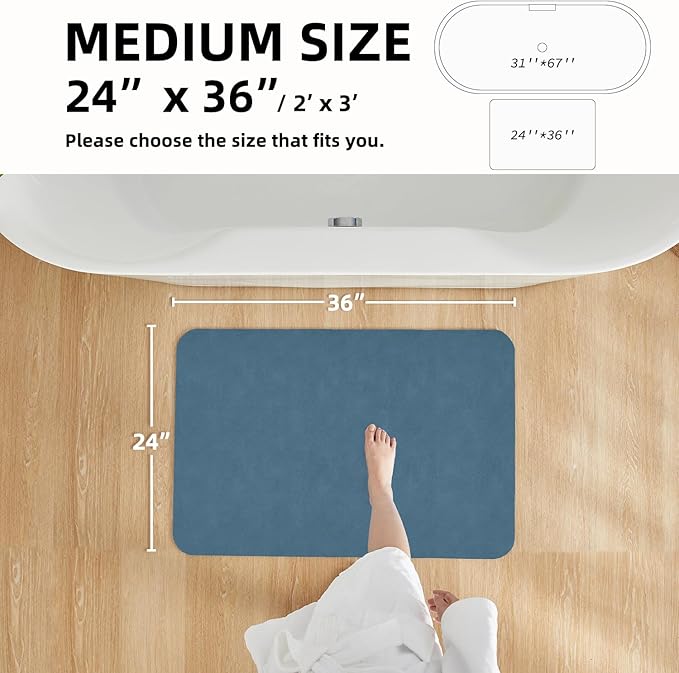 Bathroom Mat Quick Dry, Bathroom Rugs Non Slip Washable Thin Absorbent Bath Mat Fits Under Door Bathroom Floor Mat Perfect for Bath, Shower, or Sink 24"x36" Denim Blue