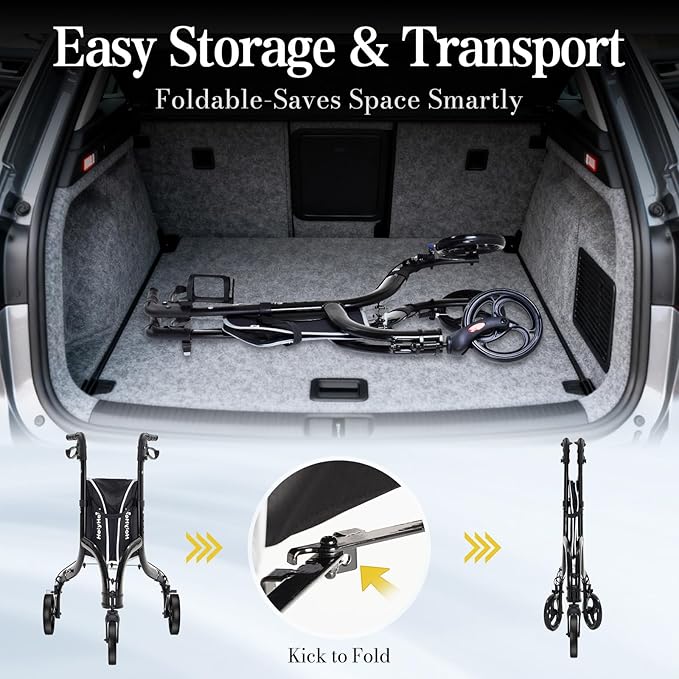 3 Wheel Walkers for Seniors, Lightweight Rollator Walkers Foldable for Elderly with Cane Hold and Cup Hold, Height Adjustable Aluminum Three Wheel Rolling Walker Mobility Aid, Black