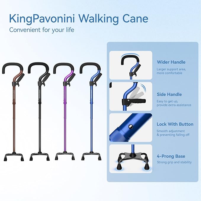 KingPavonini Canes for Women/Men with Second Handle, Foldable & Adjustable Walking Cane with 4-Pronged Base, Quad Cane for Stability, Standing, Balance, Leg Surgery Recovery