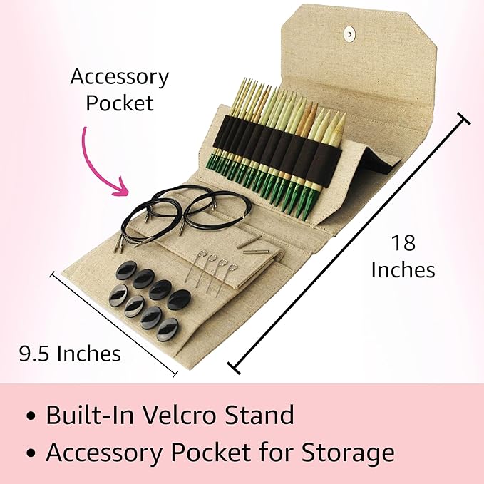 Lykke Grove 5 in. Complete Set US Sizes US 3, 4, 5, 6, 7, 8, 9, 10, 10.5, 11, 13, 15 Interchangeable Circ. Knitting Needles for DK, Worsted, Chunky Yarns, Bamboo, 5 Cords, Beige JU Case, Project Bag
