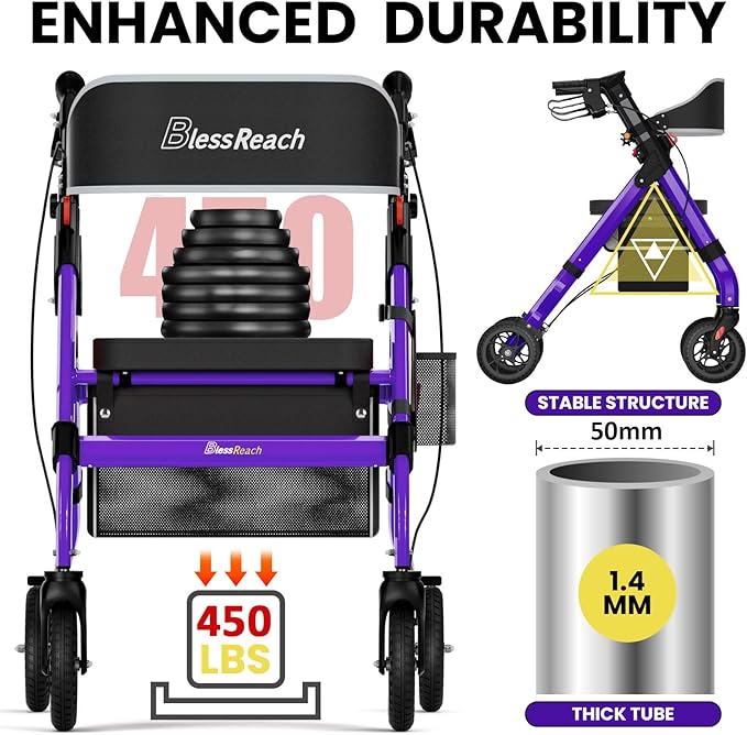 Foldable Rollator Walkers with Seat for Seniors, 450 lb Capacity, 8'' Wheels, 18" Big Seat, 6-Position Adjustable Height, Heavy-Duty Aluminum Rolling Walker (Purple)