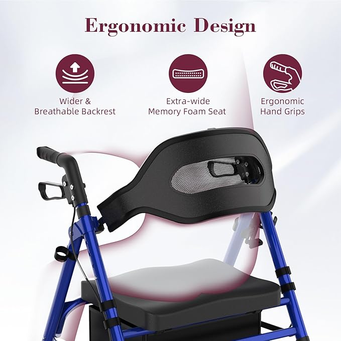 Walkers for Seniors, Foldable Rollator Walker with Seat, 8" Big Wheels, Lightweight Rollator Walker with Ergonomic Backrest, Adjustable Handles and Seat Height, 310 Lbs Weight Capacity, Blue