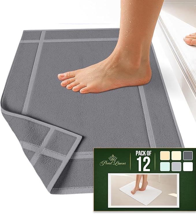 Pearl Linens Pack of 12 Washable Cotton Bath Mat 20x30 - Soft & Absorbent Quick Dry Bathroom Mat Set, Not Bathroom Rugs After Shower Mat, Terry Bath Tub Mat, 687 GSM Light Grey
