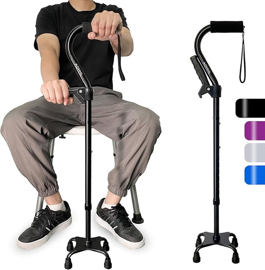AOHHL Quad Walking Cane Foldable Adjustable Portable Stick Men & Women and Seniors - Lightweight & Sturdy with 4-Pronged Base for Extra Stability Balance,Self Standing Gifts for mom Dad