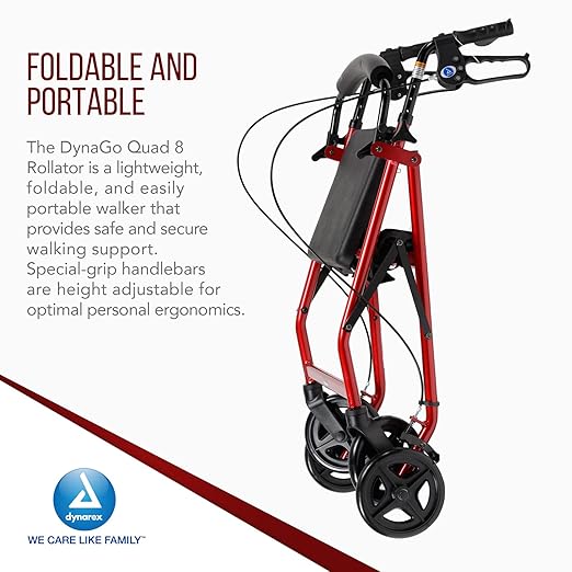 Dynarex DynaGo Quad 8 Rollator - Portable, Stand-Up Rolling Walker - 7.5” Wheels, Ideal for Narrow Spaces, Easy to Maneuver & 300 lb. Weight Capacity, Red Frame, 1 Rollator