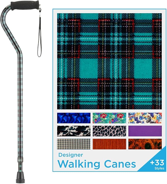 Nova Joy Designer Offset Walking Cane for Seniors - Unisex Adjustable Lightweight Aid with Foam Handle, Wrist Strap and Anti-Rattle Lock - Essential Mobility Support - Green Plaid