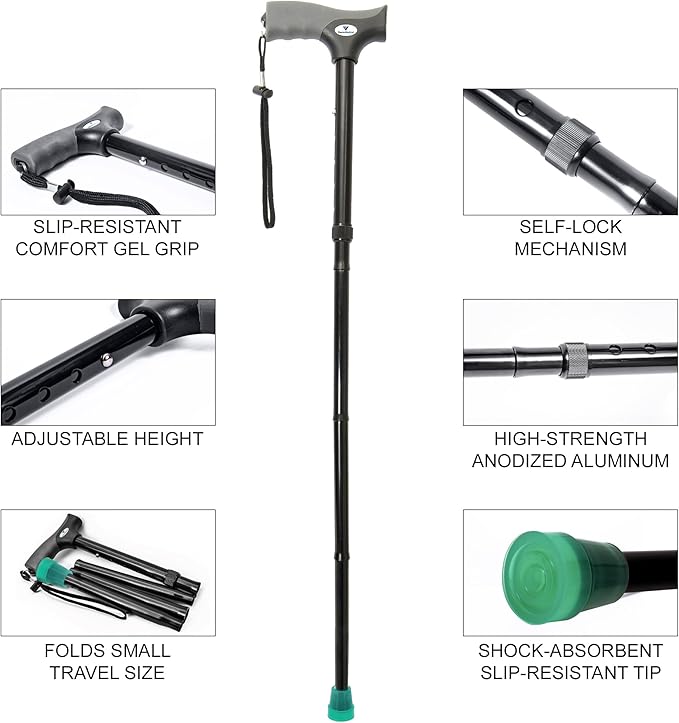 FSA/HSA Eligible, Vaunn Medical Easy Grip Height Adjustable Folding Cane/Walking Stick with Strap/Pouch- Compact, Portable, and Safe Walking Assistant- Non-Slip Grip Handle- Men, Women, Elderly