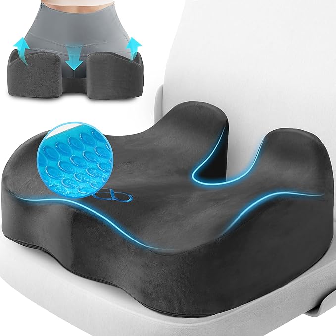 Seat Cushion, Gel Chair Cushions, Office Chair Cushions, Anti-Slip Bottom & Removable Cover Tailbone Pain Relief Cushion, Memory Foam Seat Cushion for Office, Wheelchair, Car (Grey)