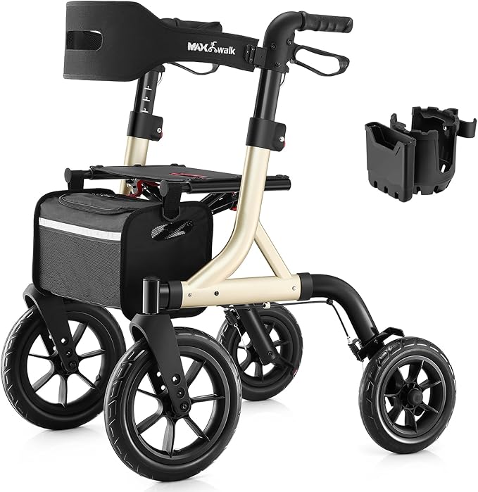 Walkers for Seniors, Rollator Walker with Seat, 12" Big Rubber Wheels All Terrain Rollator Walker with Backrest, Built-in Cable, Cup Holder, Foldable and Height Adjustment for Seniors, Gold