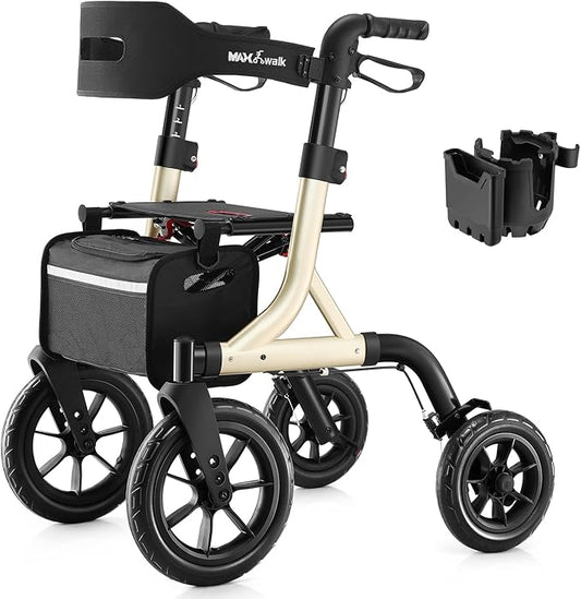 Walkers for Seniors, Rollator Walker with Seat, 12" Big Rubber Wheels All Terrain Rollator Walker with Backrest, Built-in Cable, Cup Holder, Foldable and Height Adjustment for Seniors, Gold