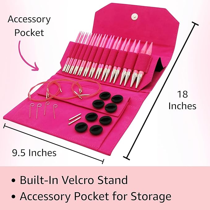 Lykke Blush 5 in. Complete Set US Sizes 4, 5, 6, 7, 8, 9, 10, 10.5, 11, 13, 15, 17 Interchangeable Circ. Knitting Needles for DK, Worsted, Chunky Yarns, Birch, 5 Cords, Fuchsia DM Case, Project Bag