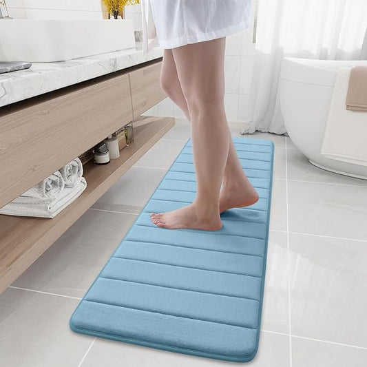 Buganda Memory Foam Bath Mat, 59" x 17", Ultra Soft and Non-Slip Bathroom Rugs, Water Absorbent and Machine Washable Bath Rug Runner for Bathroom, Shower, and Tub, Blue