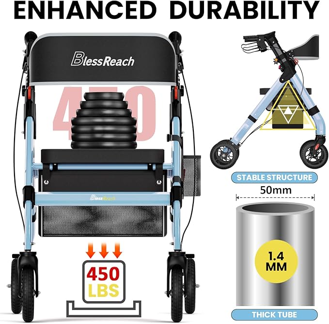 Foldable Rollator Walkers with Seat for Seniors, 450 lb Capacity, 8'' Wheels, 18" Big Seat, 6-Position Adjustable Height, Heavy-Duty Aluminum Rolling Walker (Blue)