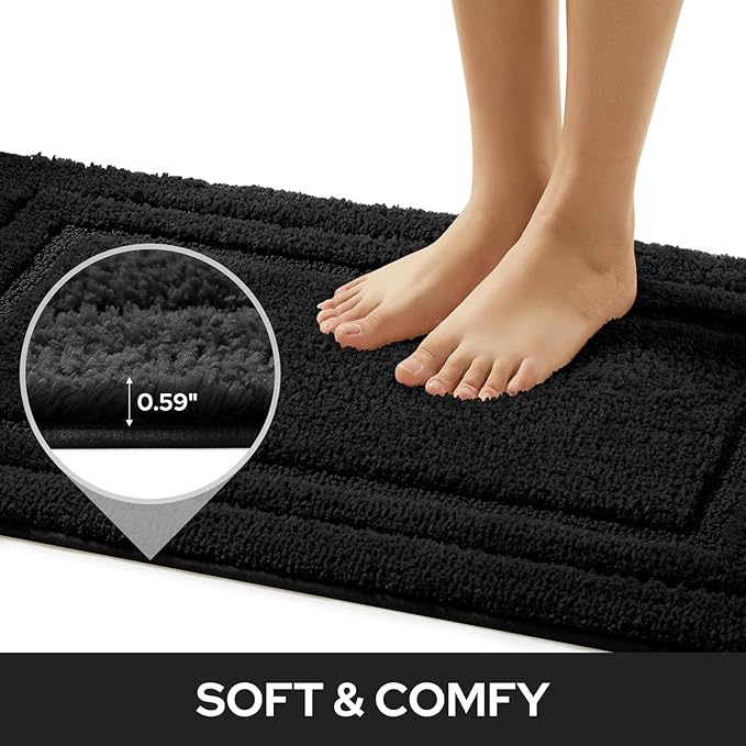 HOMEIDEAS Bathroom Rugs Sets 2 Piece, Super Soft and Absorbent Non Slip Microfiber Machine Washable Bath Mat Set (20" x 32" + 16" x 24", Black)