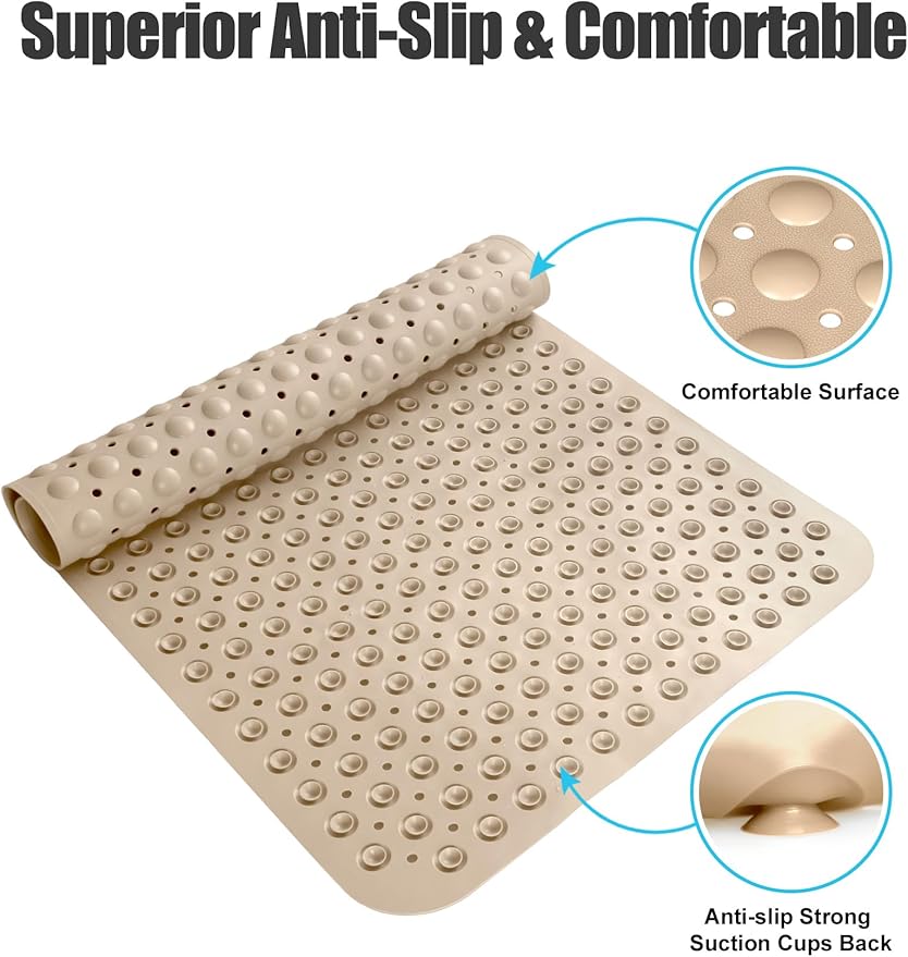Extra Large Shower Mat, Yonala 47.2 x 31.5 Inch Non Slip Shower Mats for Inside Shower with Drain Hole and Suction Cups, Soft Trimmable TPE Anti Slip Shower Mat for Walk in Shower Stall, Heavy Mat