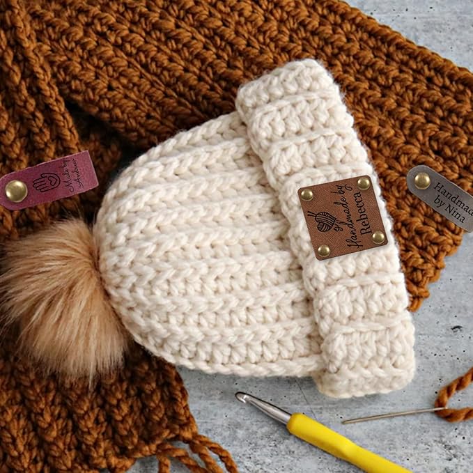 Custom Leather Tags for Crochet Items Personalized Tags for Handmade Items with Rivets Embellishment Knit DIY Craft Accessories-1.5"x1.5"