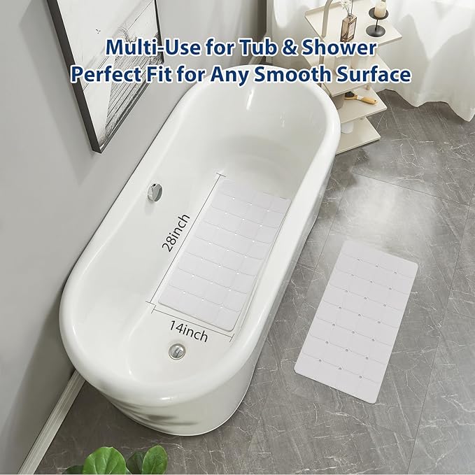 Silicone Bath Mat with Suction Cups – Non-Slip Foldable Bathtub & Shower Mat, Durable & Quick-Dry Safety Tub Mat with Large Drain Holes for Families 28"x 14" White
