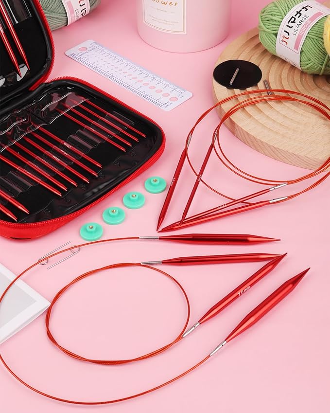 Interchangeable Knitting Needle Set with Circular Cable for Crafters, 13 Circular Knitting Needles with 4 Cable, 3-10 mm Aluminum Knitting Needles for Beginner, DIY Crafts, Red Needle Set