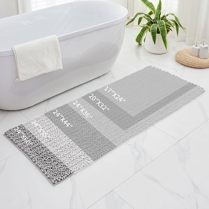 Bathroom Runner Rug 24x70 Non Slip Washable Long Bath Mat for Tub Thick Soft Absorbent Bathroom Floor Mat Large Chenille Bath Rug for Shower, Grey
