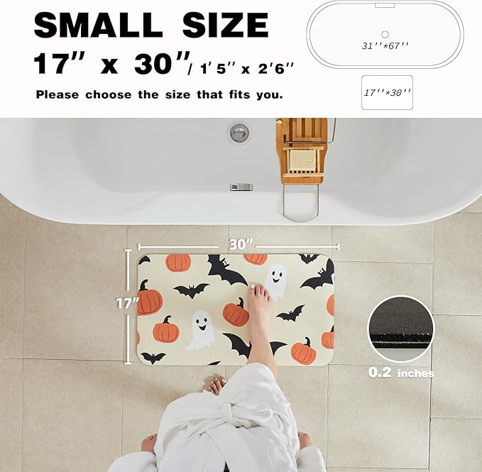Halloween Bath Mat, Thin Bathroom Rug Non Slip Quick Dry Pumpkin Bath Mat Fits Under Door Thin Floor Mat Halloween Decor, 17''x30'', Pumpkins Bats and Ghost