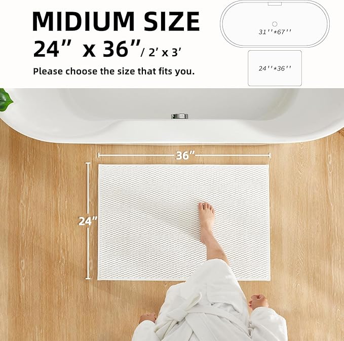 Bathroom Rugs Non Slip Washable, Super Absorbent Thin Bath Mat Quick Dry Low Pile Bathroom Rug, White 24"x36"