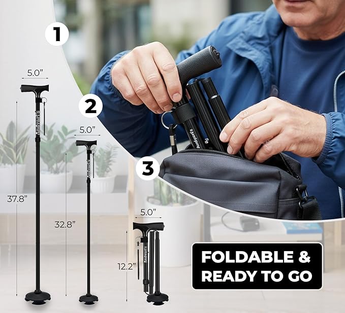 Walking Cane for Men & Women – Foldable, Adjustable, Self-Standing Cane with 360° Pivot Base, Comfortable Grip, Heavy Duty Canes for Women, Collapsible Walking Stick with Travel Bag for Seniors Adults
