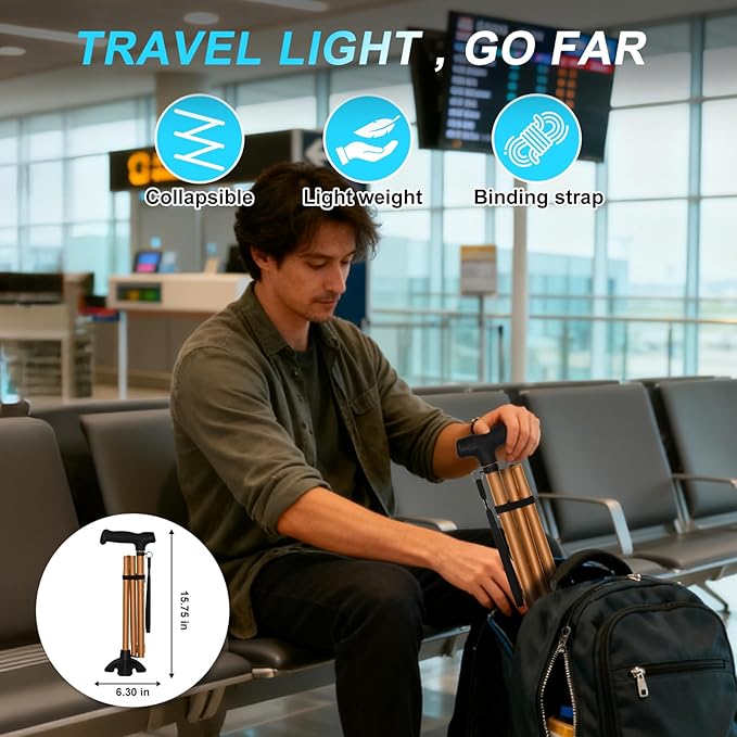 Walking Cane for Men and Women, Extended Grip; Solid Base; Foldable; Adjustable Heights; Lightweight; Free Standing; Portable Canes for Seniors (Orange)