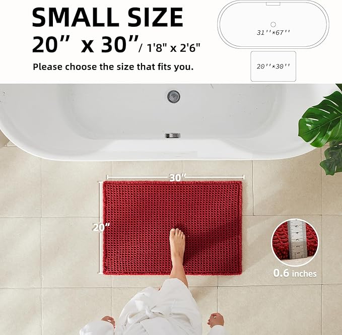 Waffle Bath Mat, Boho Bathroom Rugs Non Slip Washable Super Absorbent Quick Dry Bath Mat Farmhouse Bathroom Decor, 30"x20" Burgundy