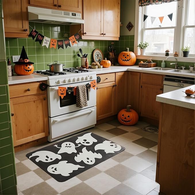 Halloween Bath Mat, Thin Halloween Bathroom Rug Non Slip Quick Dry Ghost Bath Mat Fits Under Door Thin Floor Mat Halloween Decor, 24''x36'', Ghosts Black