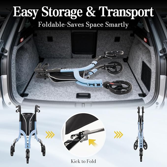 3 Wheel Walkers for Seniors, Lightweight Rollator Walkers Foldable for Elderly with Cane Hold and Cup Hold, Height Adjustable Aluminum Three Wheel Rolling Walker Mobility Aid, Blue