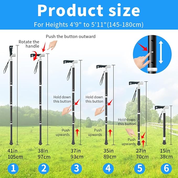 Adjustable Foldable Walking Cane, Hiking Sticks Canes Walking Sticks for Seniors,Telescopic Walking Canes with Anti-Slip Grip, Lightweight Trekking Cane for Hiking, Climbing