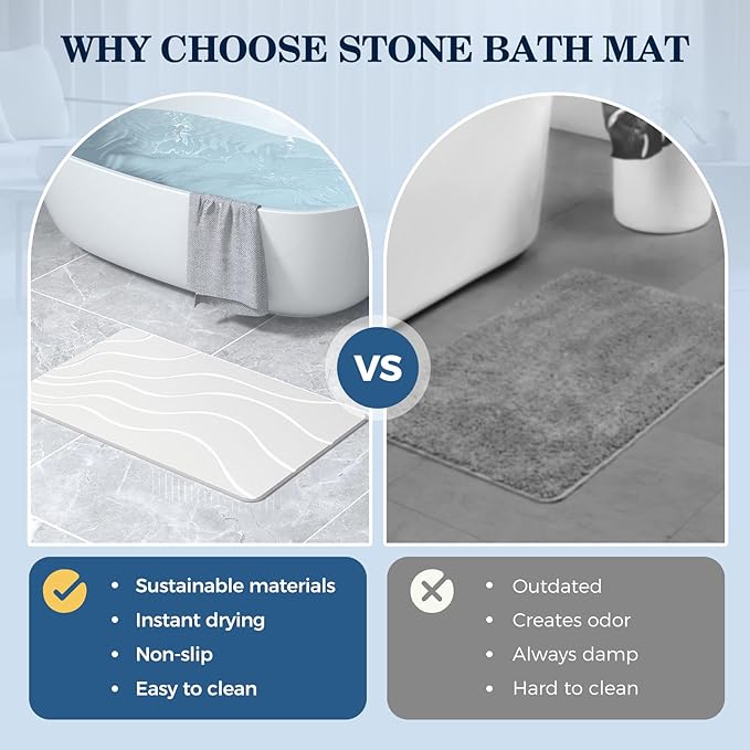 Stone Bath Mat Diatomaceous Earth Non-Slip Shower Mat,Quick Drying Diatomite Bath Stone Mat for Bathroom Floor -Super Absorbent,Natural, Easy to Clean(24 * 16 White)