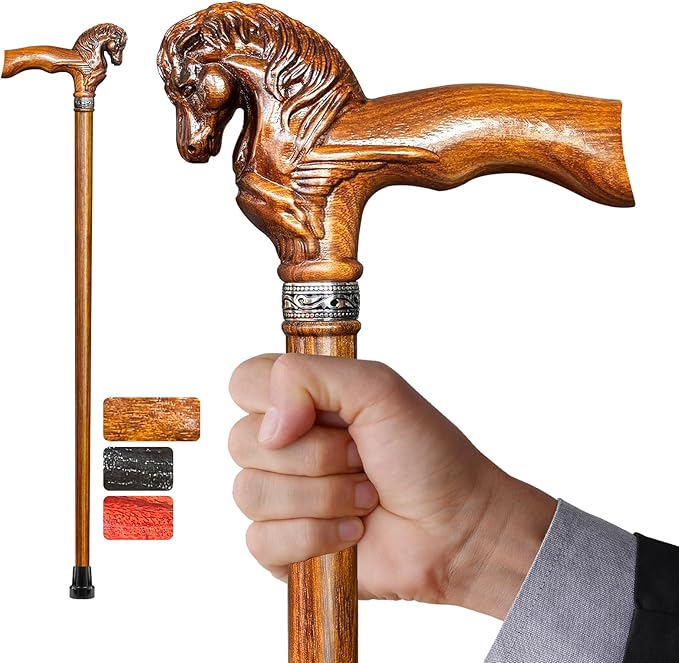 Wood Walking Cane, Elegant Hand-Carved Horse Head Wooden Walking Cane for Men and Women, Handmade Stylish Canes for Seniors, Light Stable High-end Canes Suitable for Gift Giving