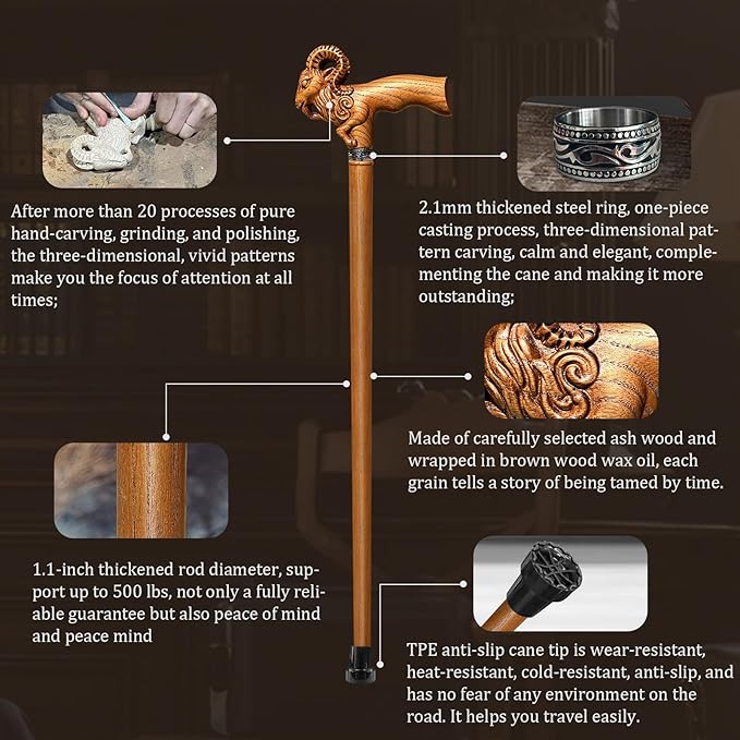 Hand Carved Wooden Cane Ultra Lightweight 0.88 lbs Support up to 500 lbs Walking Cane for Men and Women High-end Solid Wood Canes for Seniors with 3 Tips for City Trekking Daily Use