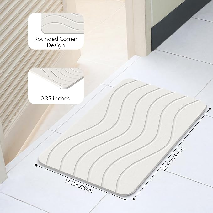 Absorbent Stone Bath Mat, Diatomaceous Earth Shower Mats, Non-Slip Water Absorbing Diatomite Stone Mat for Bathroom Floor, Quick-Drying Easy to Clean (23" x 16" White)