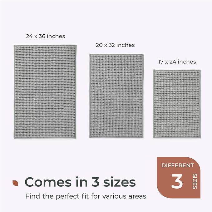 FRESHMINT Thick Chunky Chenille Bath Rugs 20"x32", Non Slip Bath Mat, Soft Bathroom Decor, Cute Shower Mat, Water Absorbent, Washable, Dove Gray
