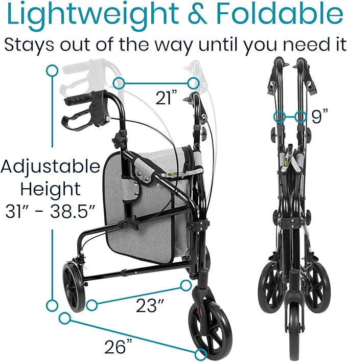 Vive Mobility 3 Wheel Walker - Three Wheeled Rollator for Seniors - Lightweight, Foldable, Narrow, Heavy Duty - for Elderly Men Women - Folding 3-Wheel Tri Scooter with Basket Bag