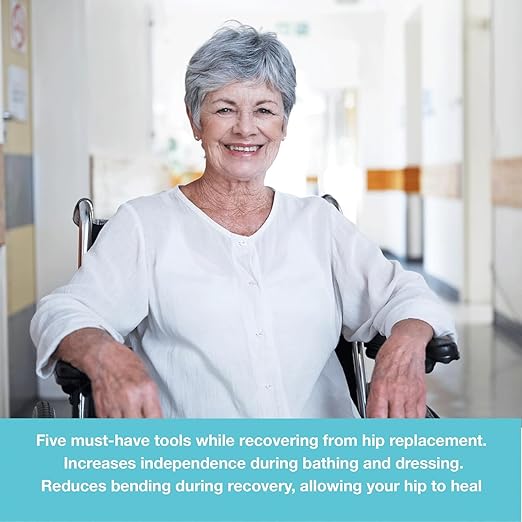 Sammons Preston Hip Kit III, Total Hip Replacement Recovery Kit to Avoid Bending and Moving Hips, ADL Tools for Elderly, Including Reacher Grabber, Sock Notch, Sponge, Dressing Stick, and Shoehorn