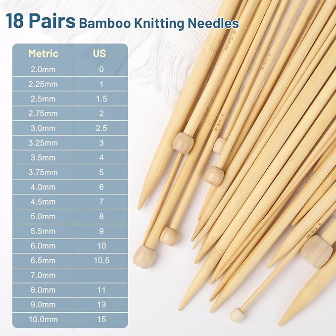 Aeelike 18 Pairs Bamboo Knitting Needles Set - 10 Inches Wooden Knitting Needles Single Point with Roll Bag - Portable Knittings Needle Set for Beginners (2mm - 10mm)