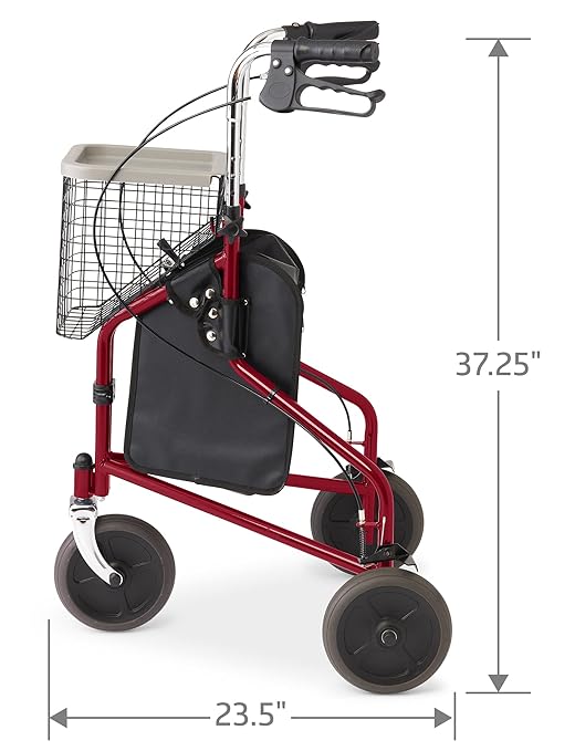 Medline 3-Wheel Ultralight Rollator, Steel Frame, Includes Wire Basket and Storage Bag, Supports up to 275 lbs, 8" Wheels, Burgundy