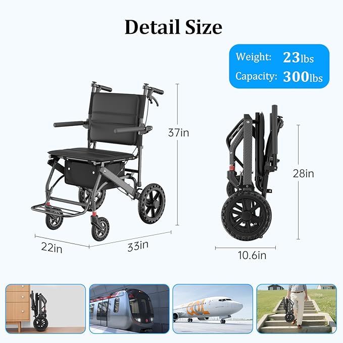 Nihhcune Wheelchair Walker for Seniors, Ultra Foldable Lightweight Rollator Walker with One-Hand Fold No Installation Portable Mobility Walking Aid with Handbrake Seat Belt Storage Bag, 300lb Capacity