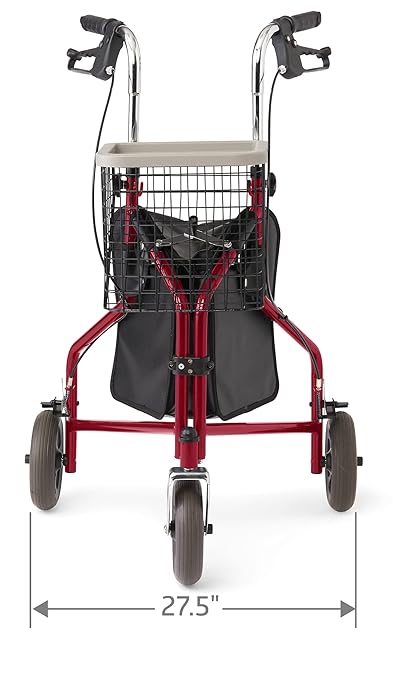 Medline 3-Wheel Ultralight Rollator, Steel Frame, Includes Wire Basket and Storage Bag, Supports up to 275 lbs, 8" Wheels, Burgundy