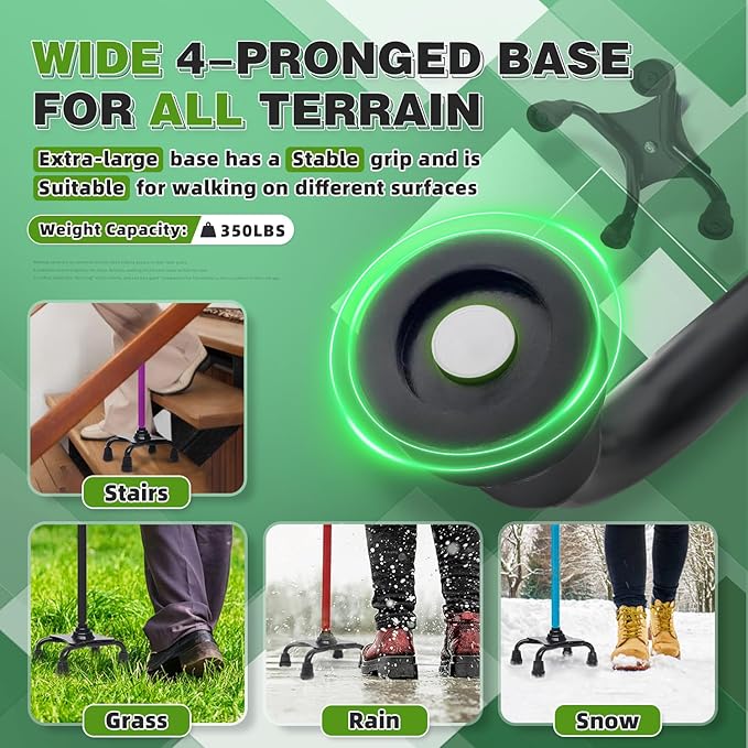 BigAlex Quad Cane, Foldable Adjustable Walking Cane for Men & Women with Stable 4-Pronged Base for Extra Stability & Balance, Heavy Duty, Lightweight, Soft Offset Handle Stick for Seniors & Elderly