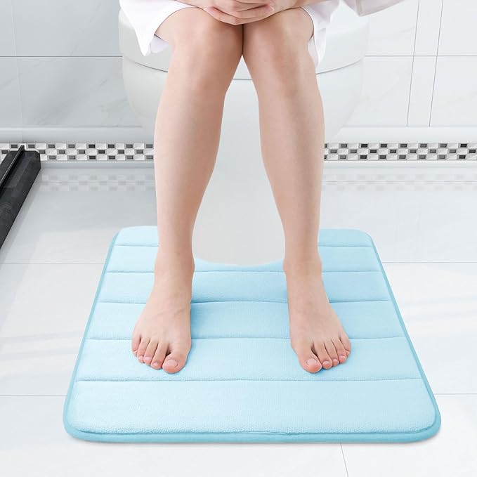 Buganda Memory Foam U-Shaped Contour Toilet Rugs, Non Slip Absorbent, Thick Soft Washable Bathroom Mat, Floor Carpet Bath Rugs Mat for Toilet Base (24" x 20", Light Blue)