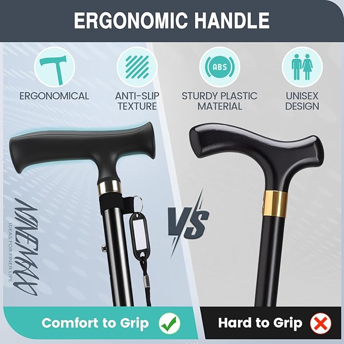 NINEMAX Walking Cane for Men Women Seniors, Foldable Collapsible Adjustable Free Standing T Handle Walking Stick, Lightweight Sturdy Folding Cane Portable for Stable and Balance